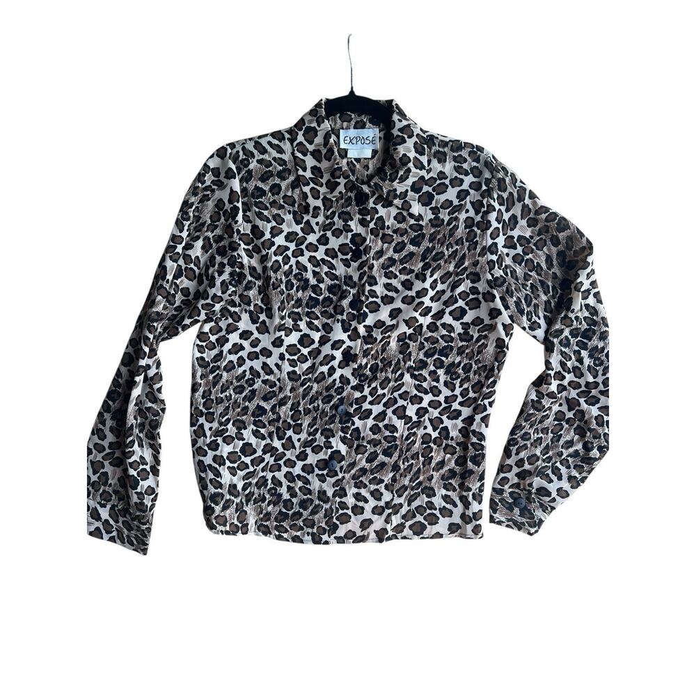 Vintage Expose Brown Animal Print Retro Office Siren Glam Blouse Button Up SMALL